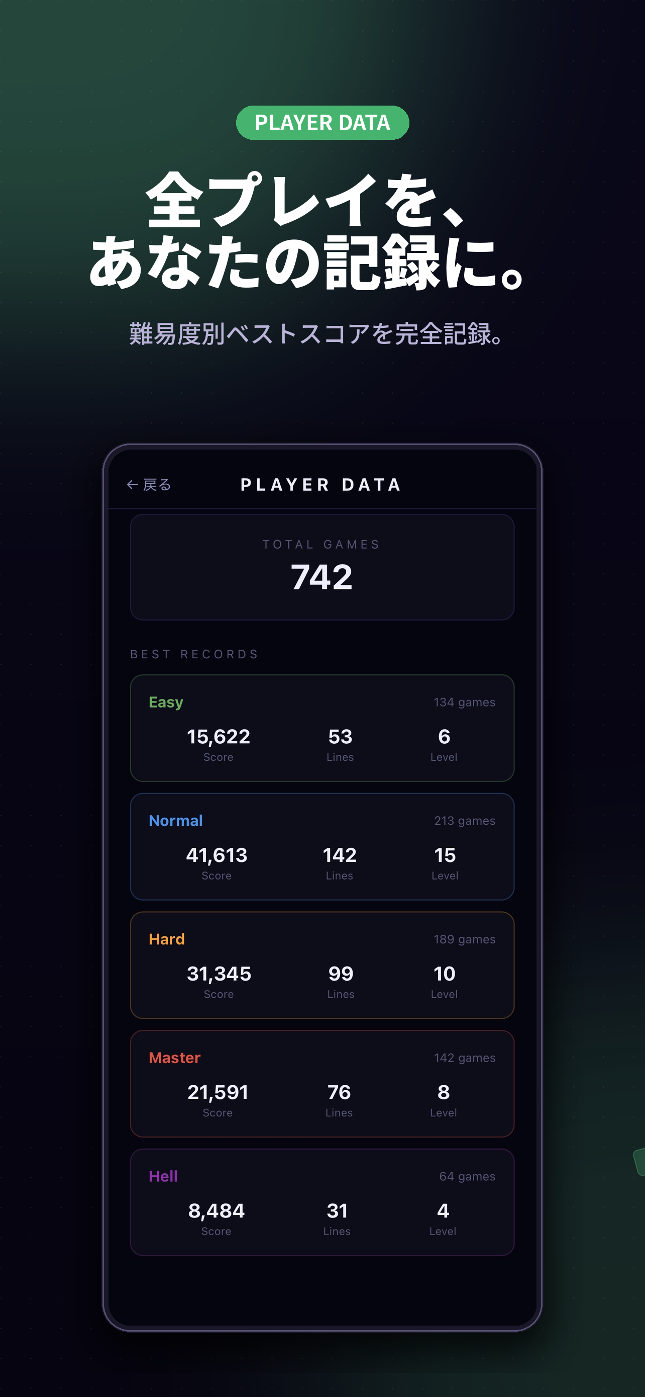 プレイヤーデータ / 難易度別スコア記録